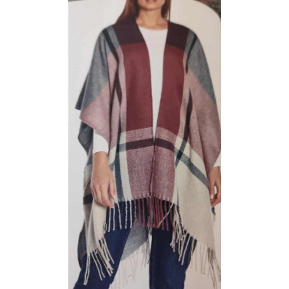 THREE DOTS Pink and Grey Plaid Cashmere Wool Blend Poncho Size One Size Casual